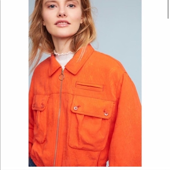 Anthropologie Cartonnier Textured Jacquard Eisenhower Orange Utility Jacket XS - Picture 2 of 13